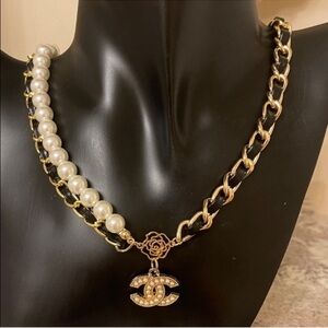 Chanel Pearl & Black Leather Chain Necklace with Gold CC Pendant
